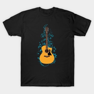 Natural Auditorium Acoustic Guitar Flowering Vines T-Shirt